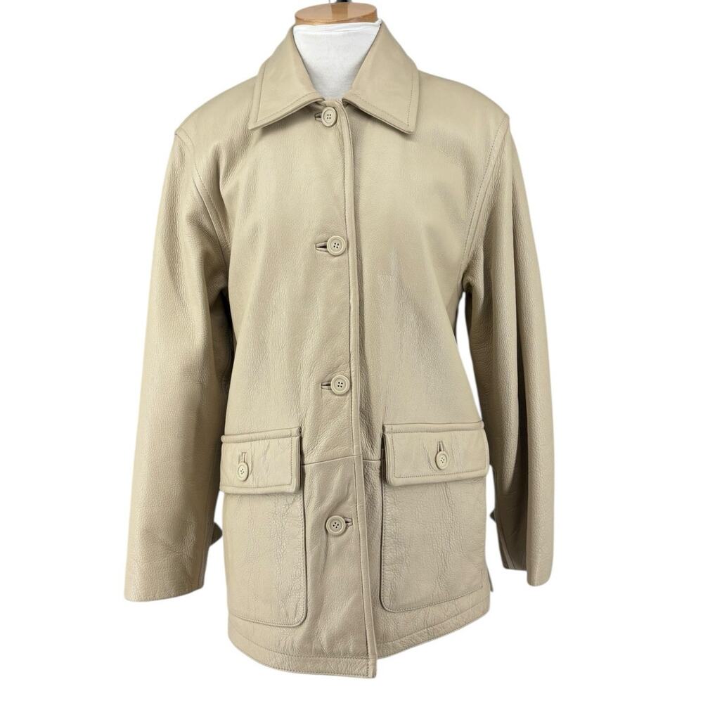 Vintage Colebrook & Co Grainy Leather Coat Womens Size Small Ivory Beatnik